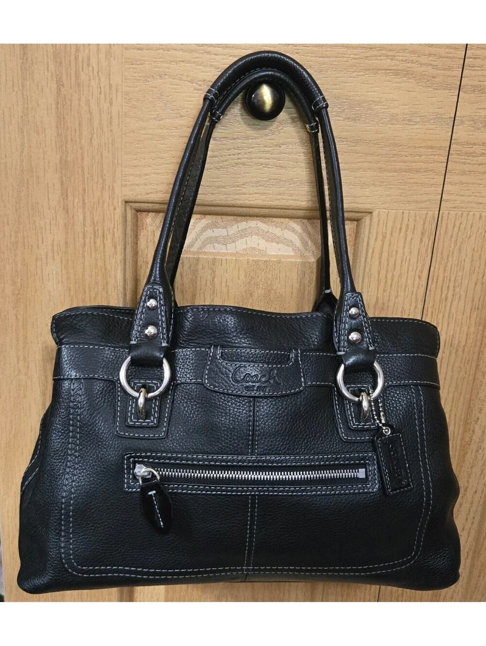 Coach Black Pebbled Leather Satchel Handbag with Silver Hardware